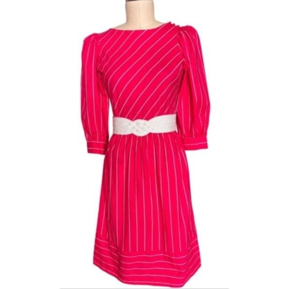ILGWU Dresses & Skirts - Hot Pink LGWU Midi Dress Womens Classic Union Made Pinstripe Puff Sleeve 80s USA